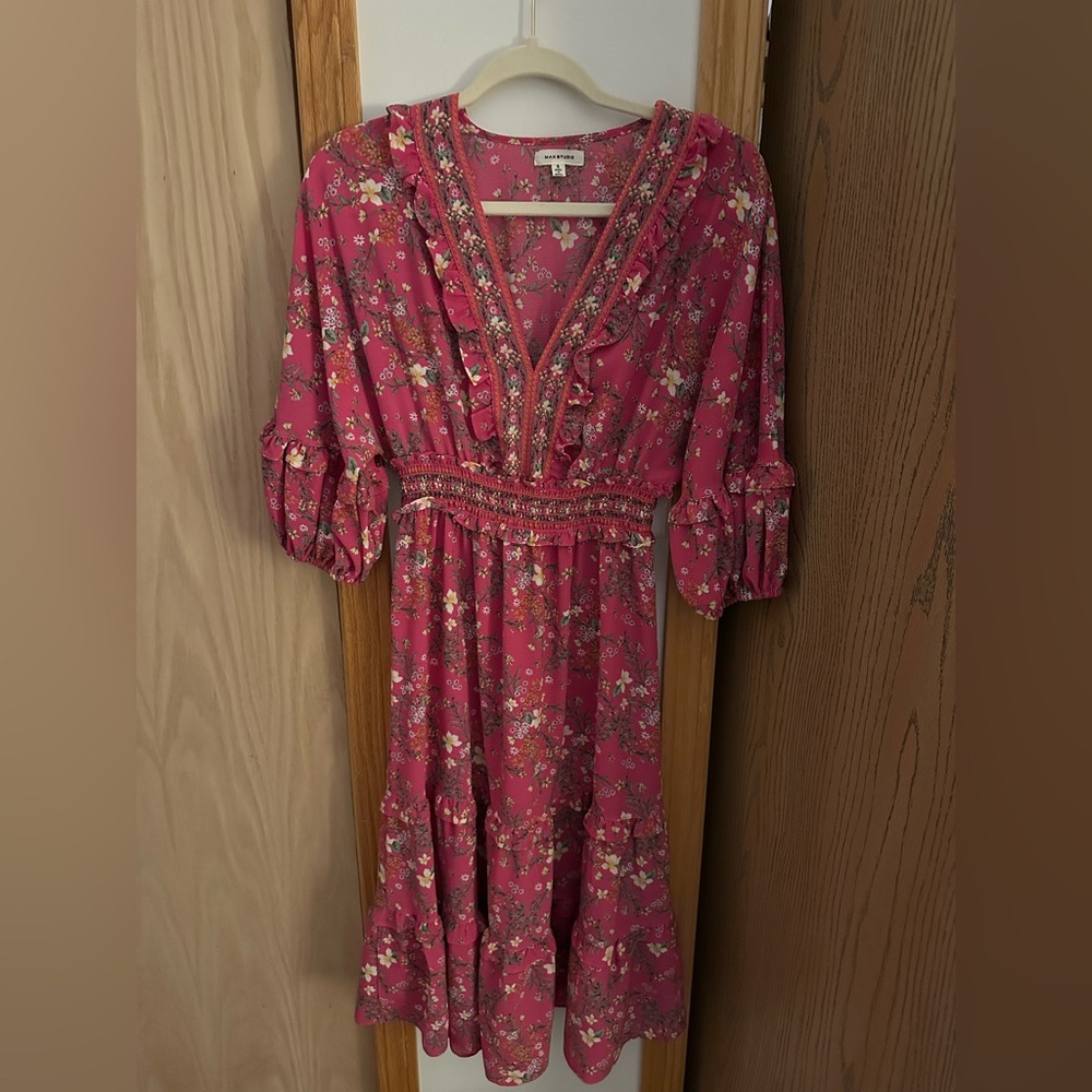 Max Studio Pink and Red Smocked Sundress with V-Neck